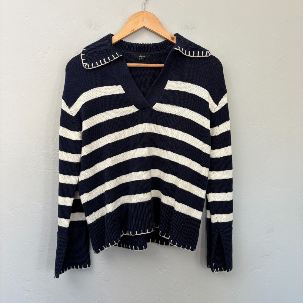 Rails Navy and White Striped V-Neck Sweater